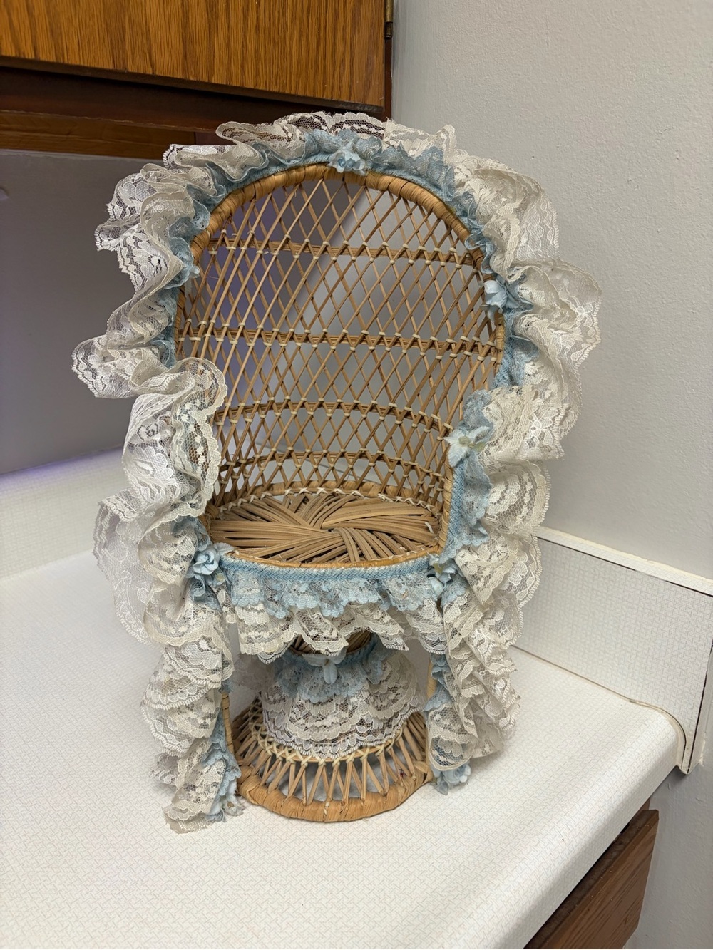 Wicker Doll Chair with Blue and White Lace Accent